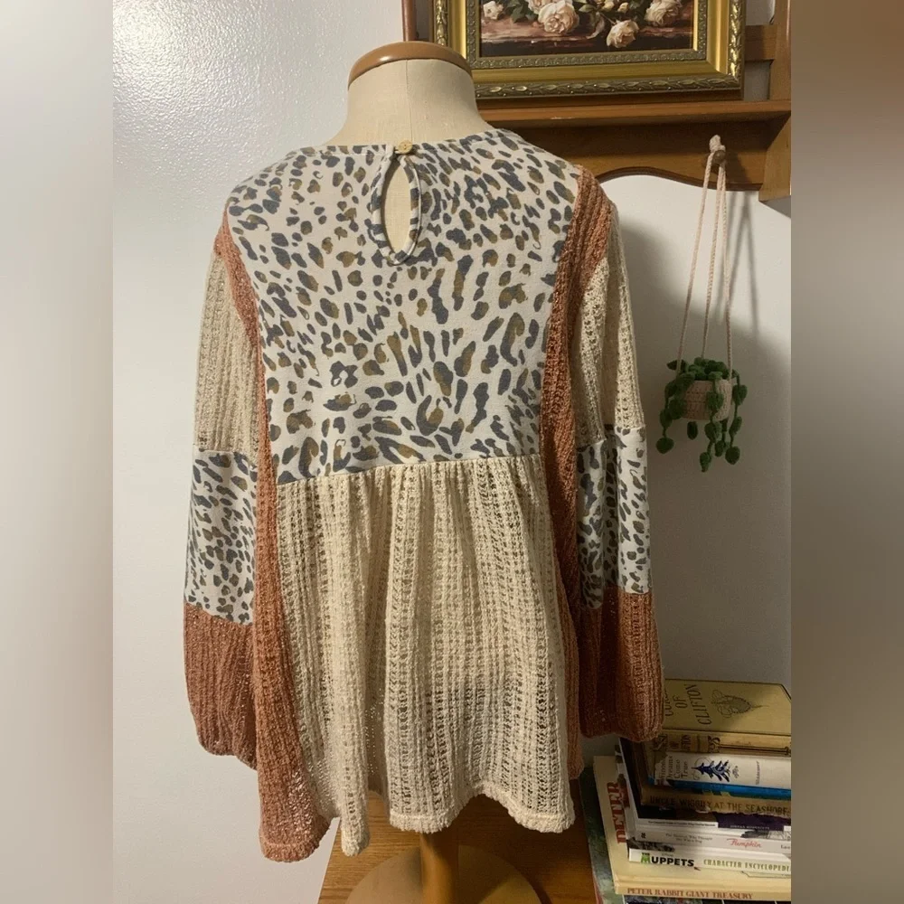 Ces Femme Pink and Gray Leopard Patchwork Boho Peasant Blouse - Picture 8 of 13